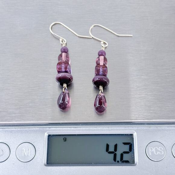 Estate Sterling Silver 925 Beaded Purple Glass Dangle Earrings - Picture 6 of 6